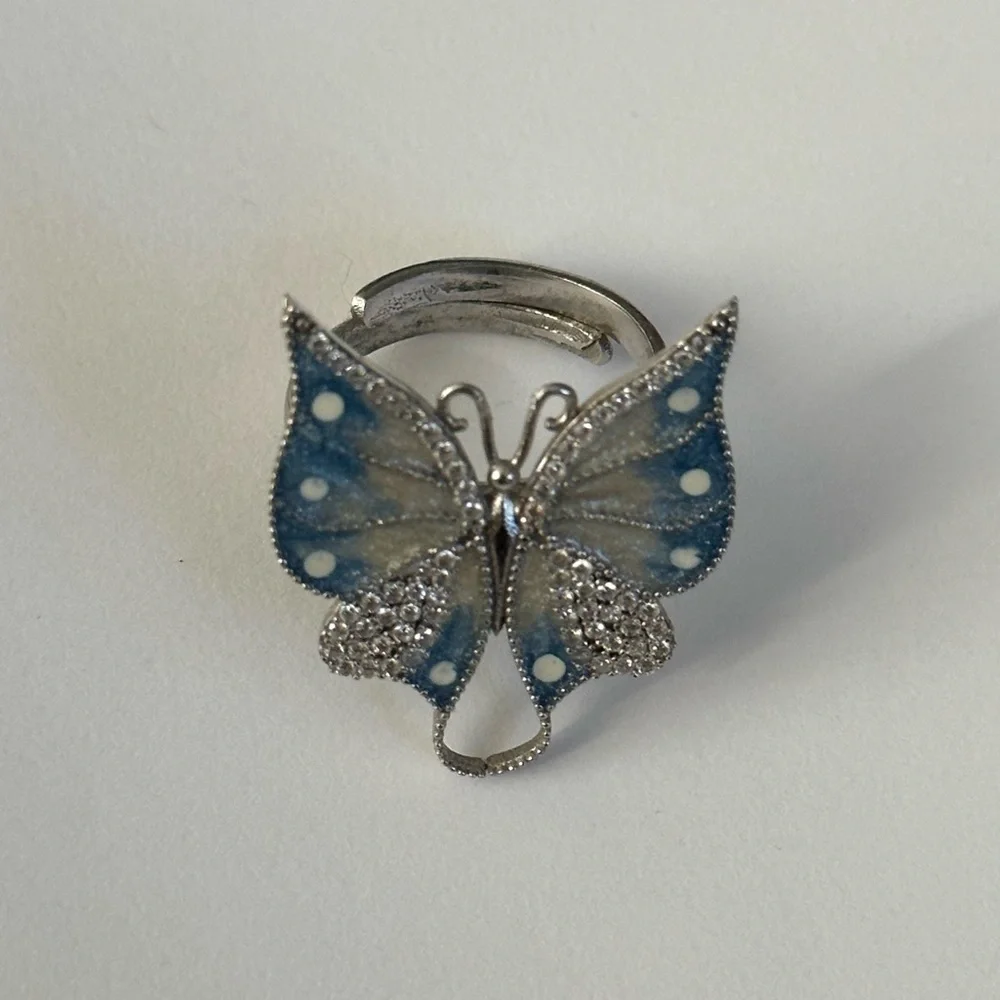 🦋925 Silver butterfly cz size adjustable ring handmade enamel